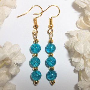 Dangle Earrings Turquoise Blue and Gold Drop 6447